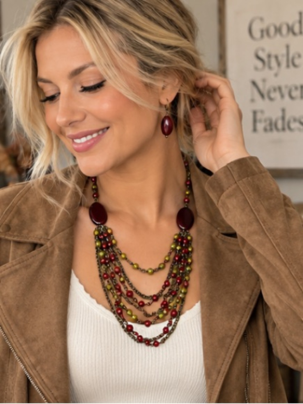Avon Multi Strand Beaded Necklace Matching Earrings Set Red Green 26” Boho
